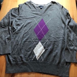 Tommy Hilfiger Argyle VNeck Sweater Gray Purple 1X